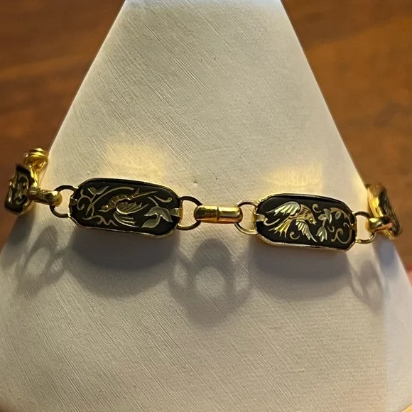 Vintage Damascene Style Bird Bracelet Gold Tone Black Enamel Link 7in - Picture 5 of 7